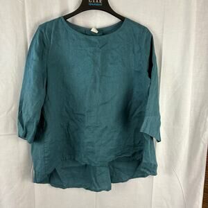 Lintico 100% Linen 3/4 Sleeve Teal Blue High Low Blouse Large Lagenlook Minimal